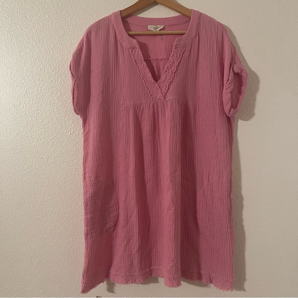 ENTRO Gauzy Cotton Dress Pink Mini Short Sleeve Boho Peasant size small